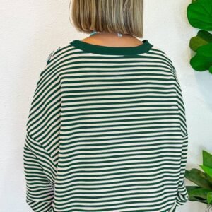 Green Stripe Loose Drop Shoulder Long Sleeve Top