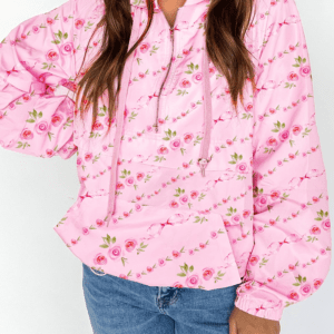 Pink Floral Print Half Zip Kangaroo Pouch Drawstring Hoodie