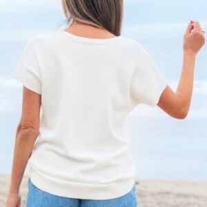 White Bow Pattern Knit Short Sleeve Sweater