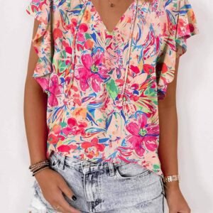 Multicolour Floral Ruffled Sleeve V Neck Summer Blouse
