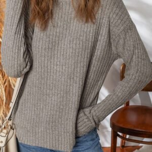 Gray Morn Ribbed High Neck Knitted Pullover Top