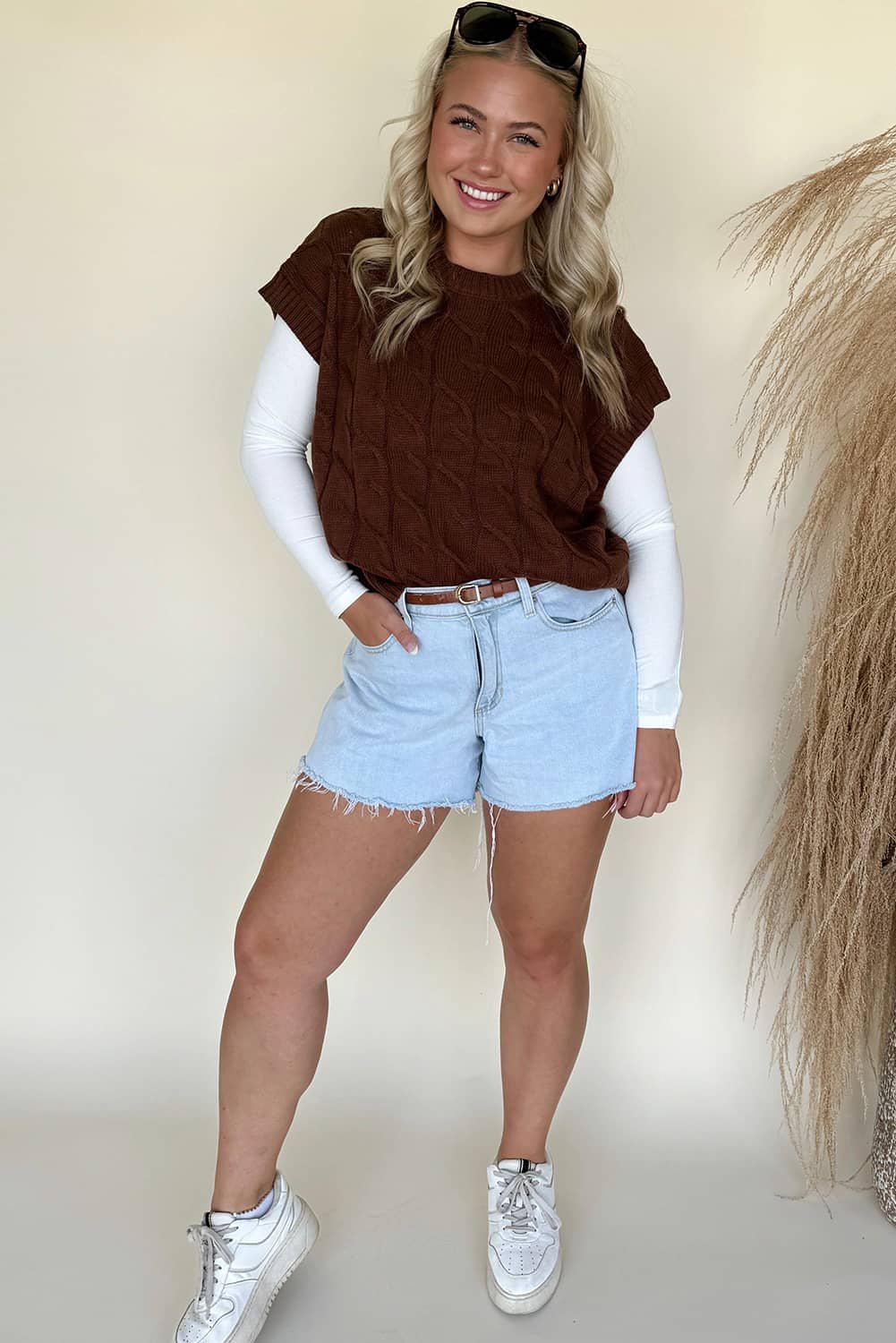 Dark Brown Cable Texture Crew Neck Short Sleeve Sweater Top