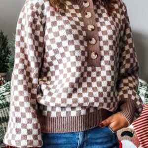 Dark Brown Half Button Ribbed Trim Checkerboard Knit Sweater