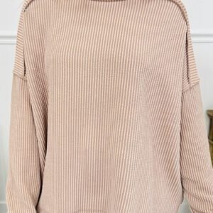 Parchment Twist Ribbed Exposed Seam Detail Long Sleeve Loose Top