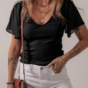 Black Mesh Ruffled Sleeve Slim Fit V Neck Top