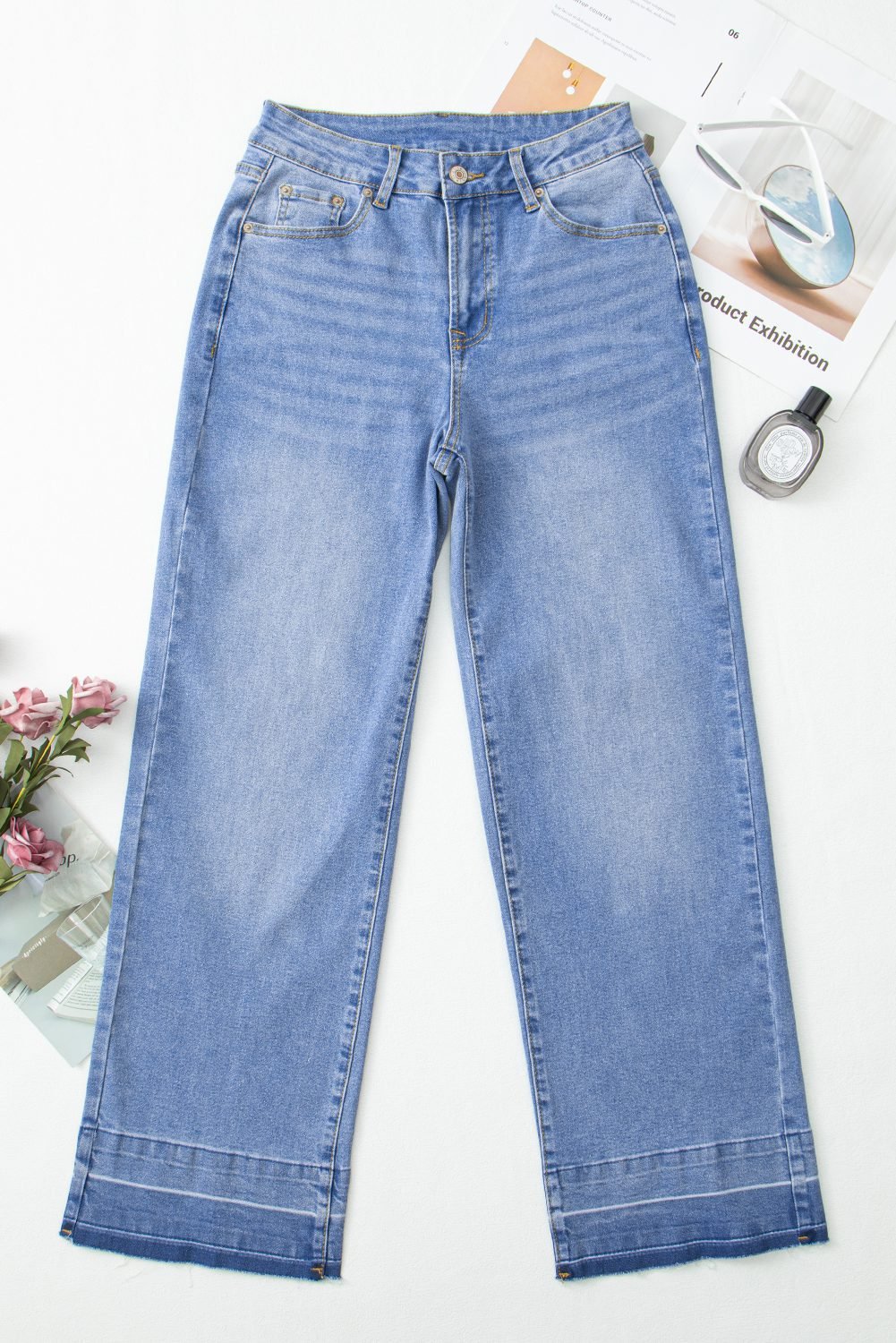 Dusk Blue Raw Hem Unique Cuffs Straight High Rise Loose Jeans