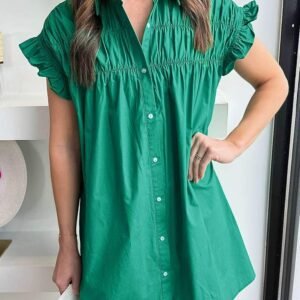 Bright Green Shirred Ruffle Sleeve Button Up Short Dress
