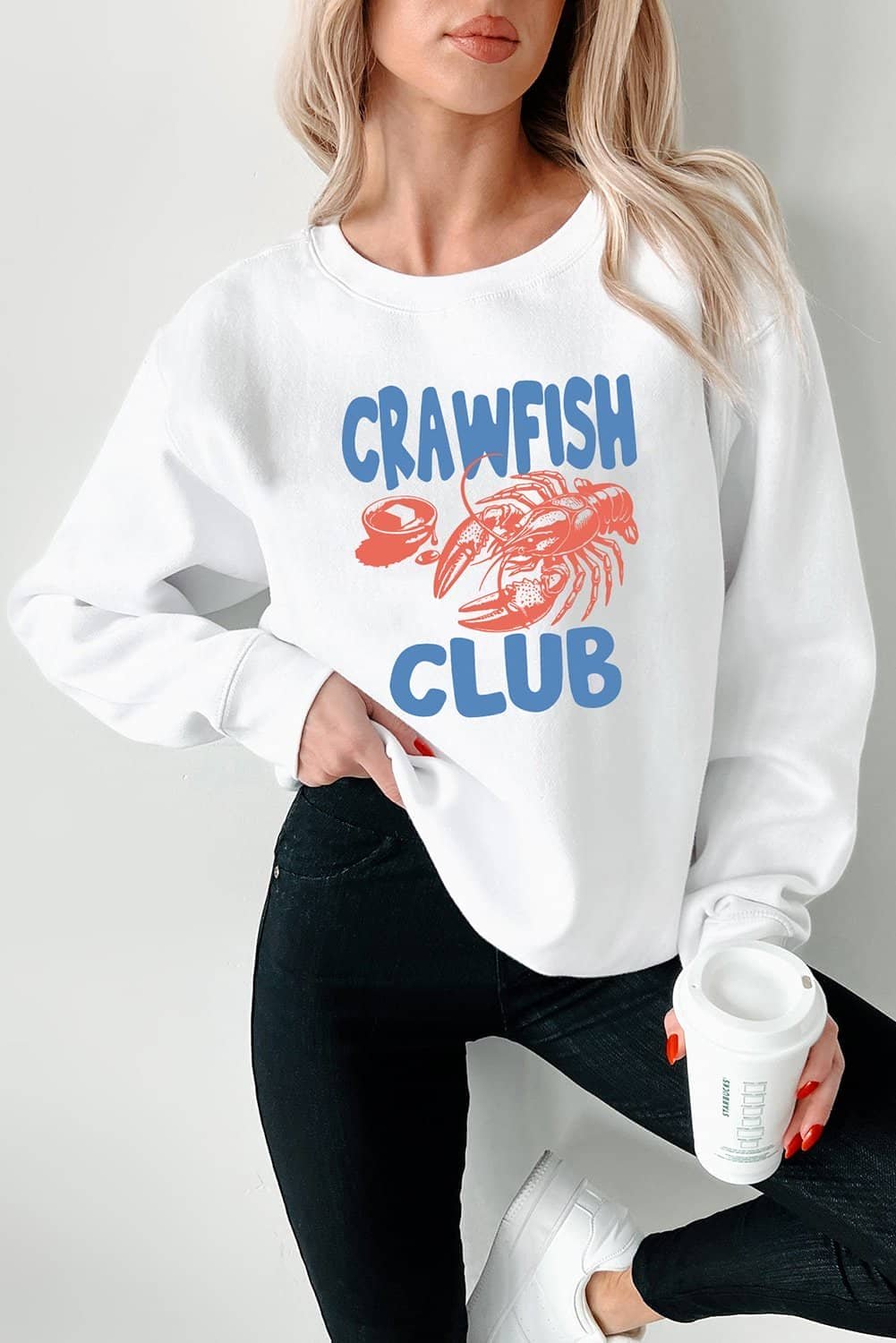 White Crawfish Club Printed Drop Shoulder Sweatshirt