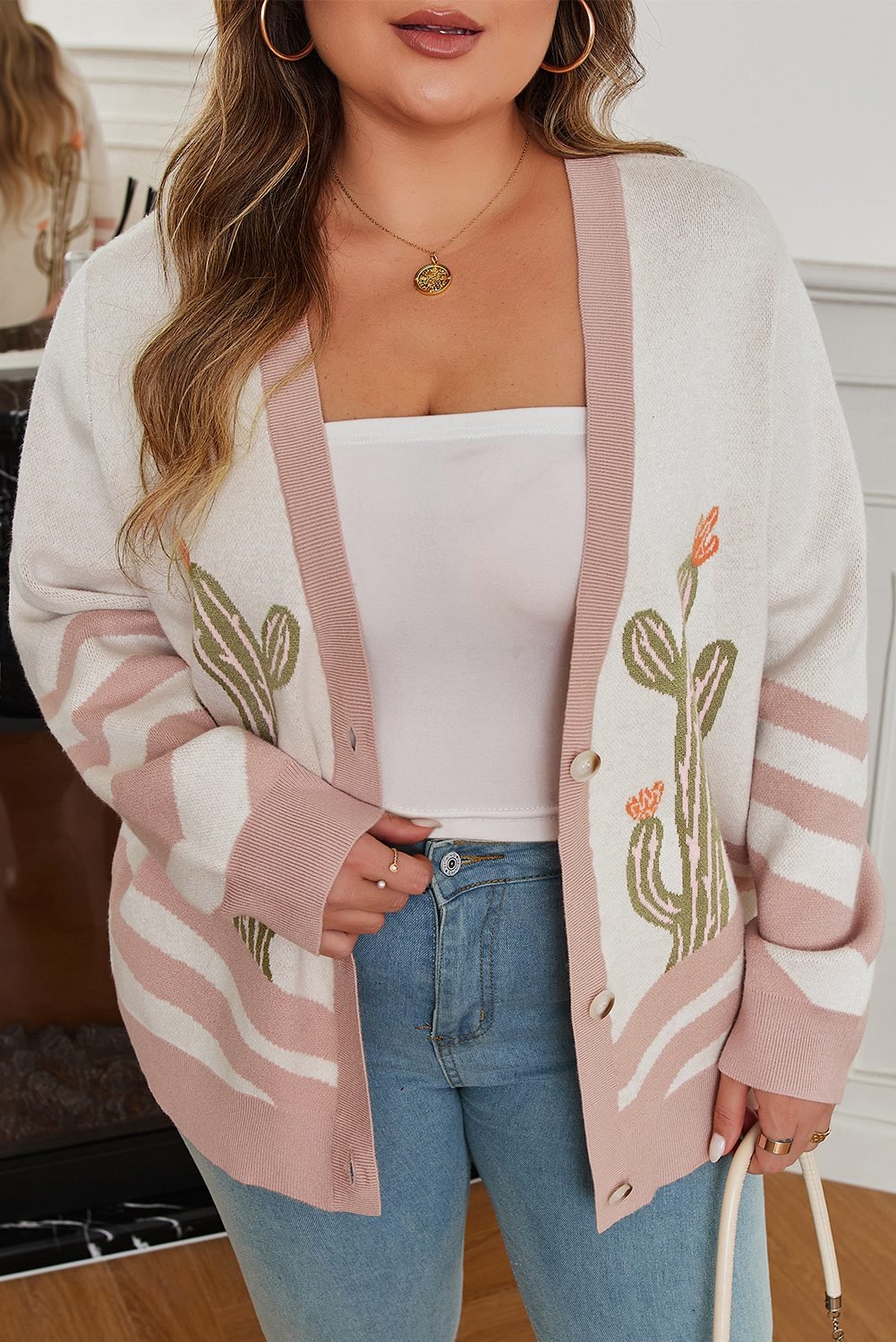 Apricot Western Desert Cactus Print Plus Size Button Cardigan Sweater