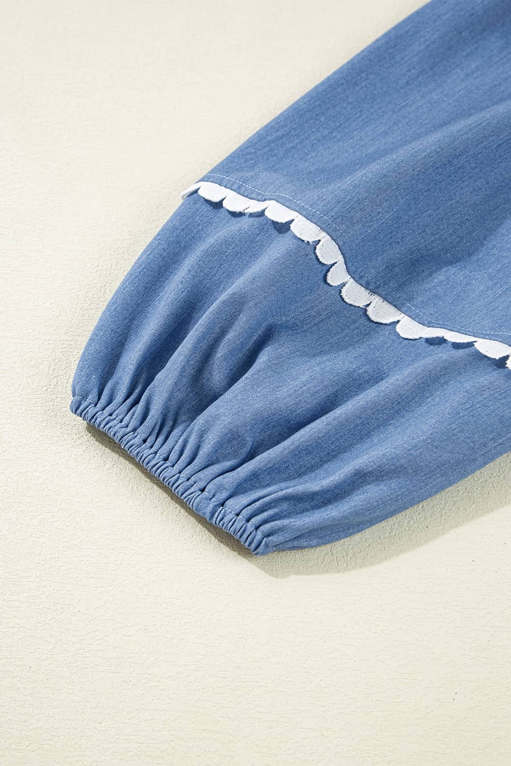 Dusk Blue Lace Ric Rac 3/4 Puff Sleeve Collared Babydoll Blouse