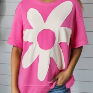Sachet Pink Contrast Flower Drop Shoulder Loose T Shirt