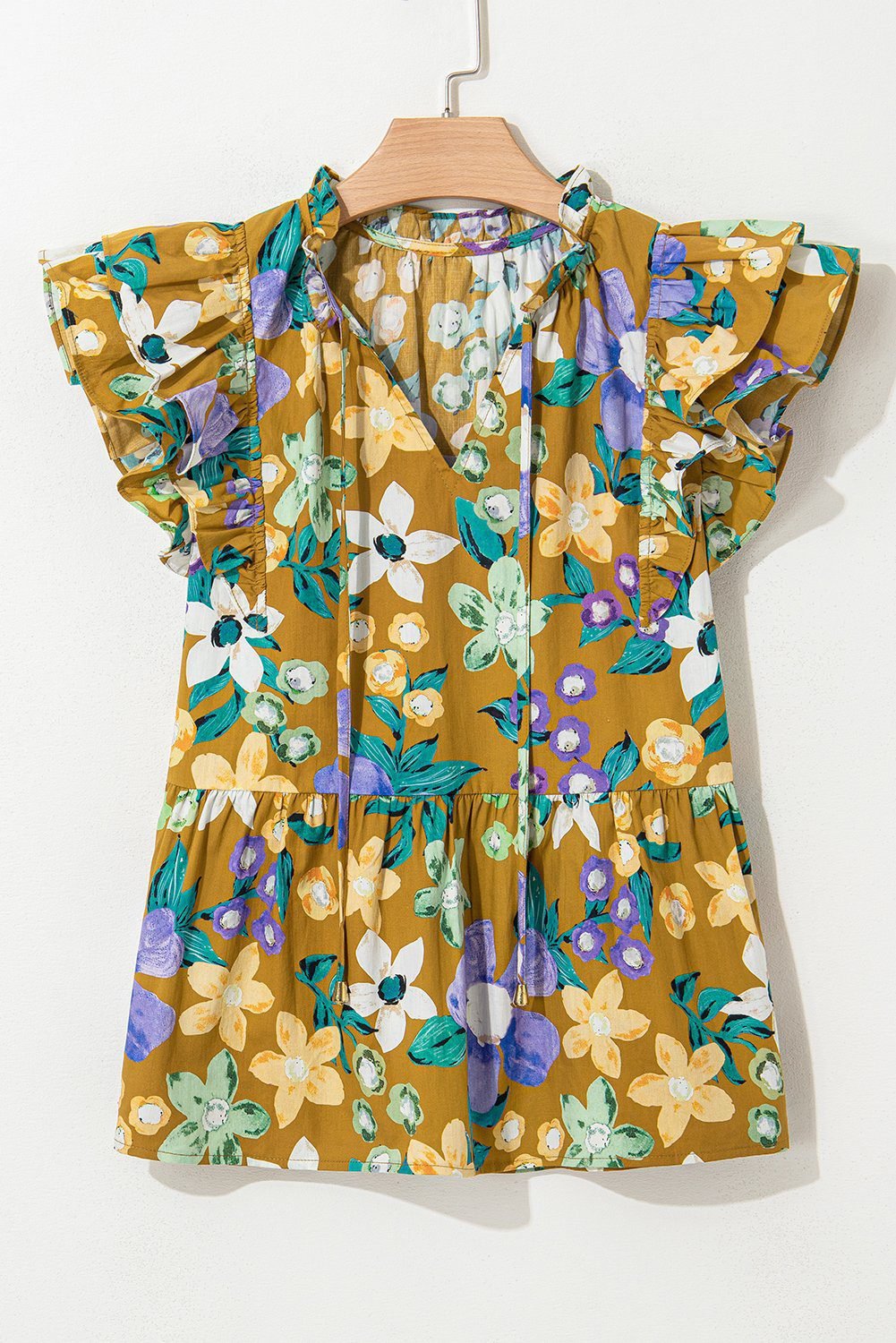 Yellow Floral Print Tiered Flutter Sleeve V Neck Top