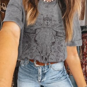 Light Grey Western Steer Head Tie Dye Print Crew Neck T Shirt