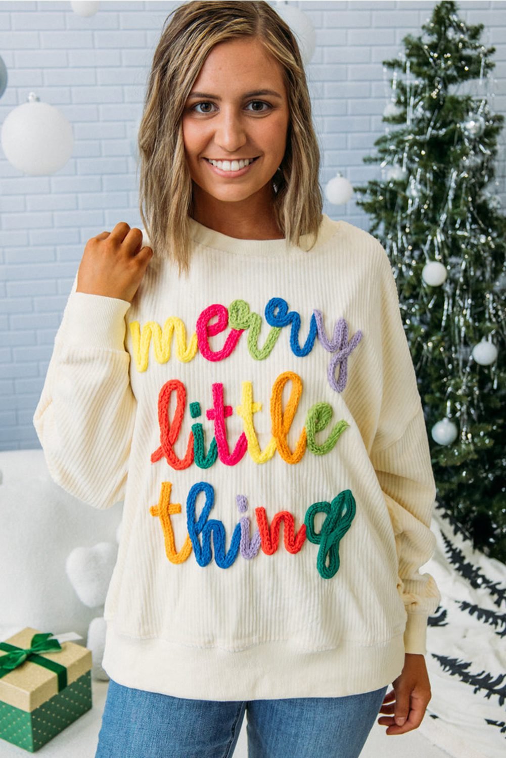 Beige Merry Little Thing Corded Letter Graphic Ribbed Loose Sweatshirt