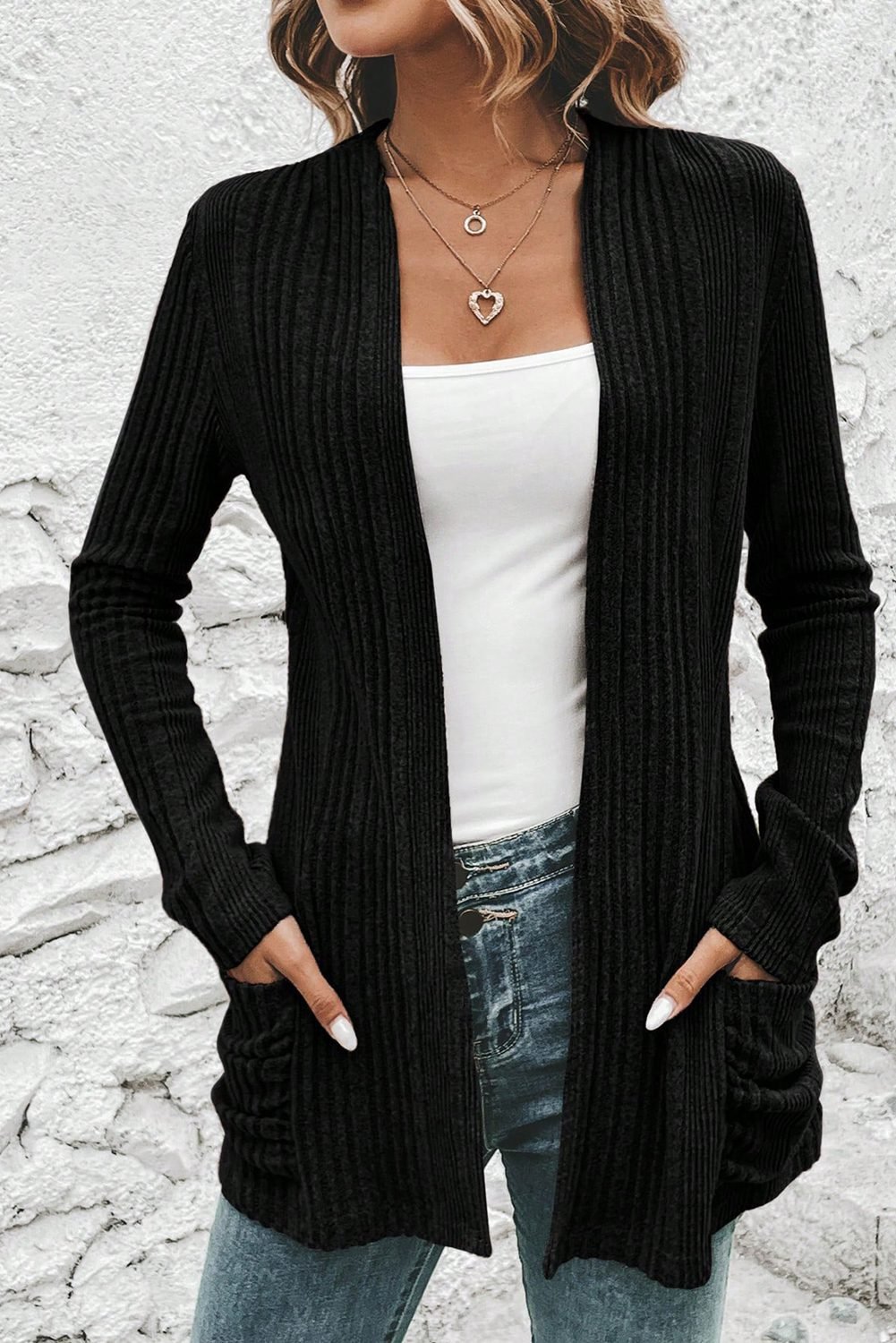 Black Ribbed Open Front Knitted Top With Pockets