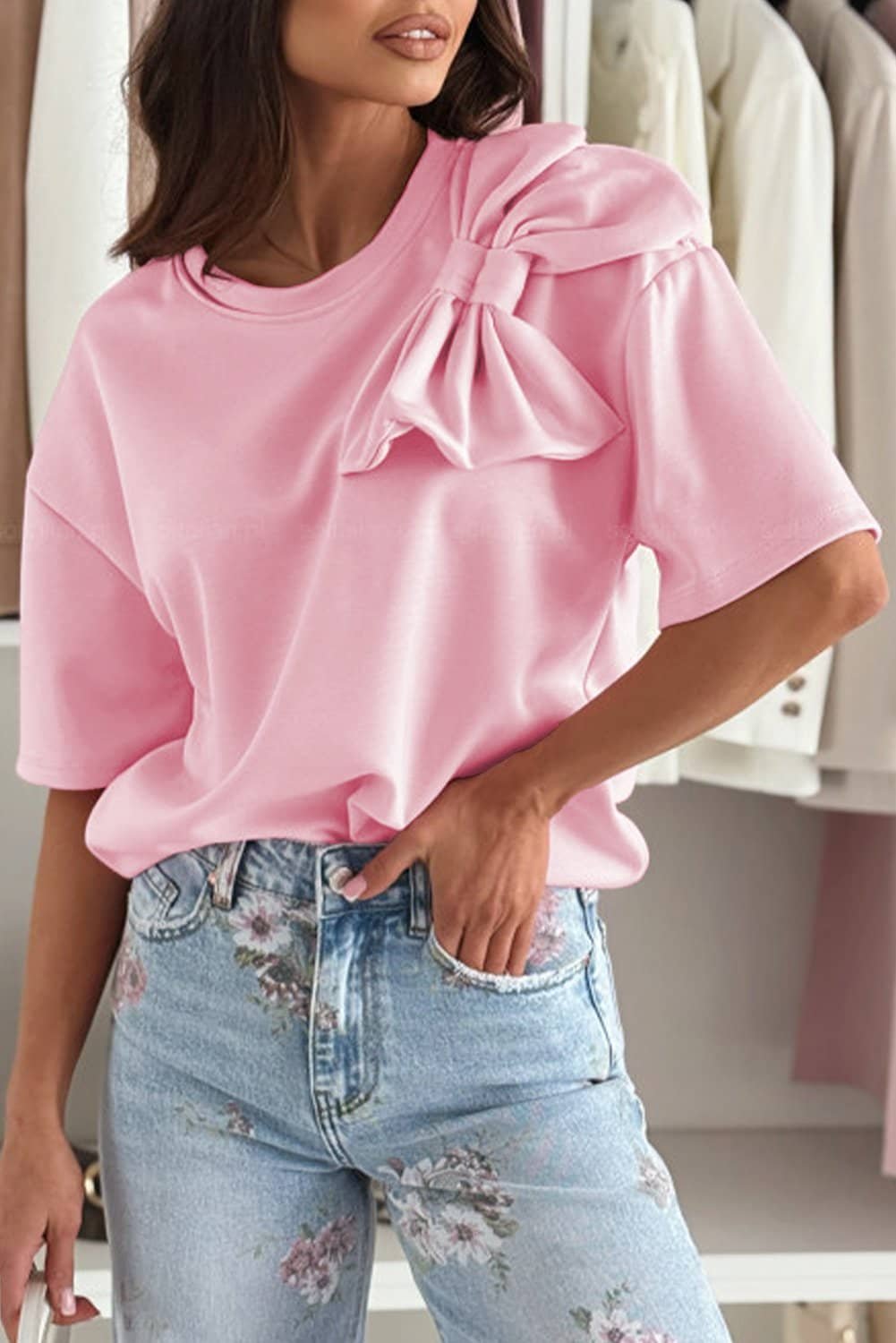 Pink Bow Applique Half Sleeve T-Shirt