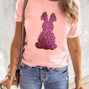 Pink Sequined Leopard Bunny Easter Graphic Tee