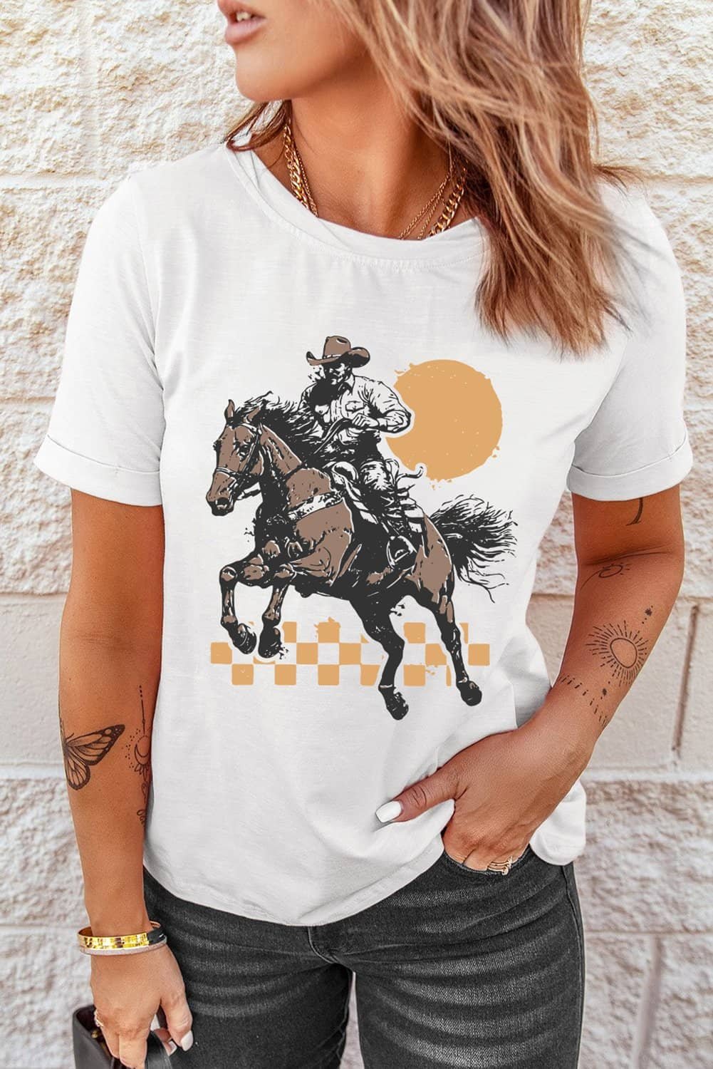 White Sunset Cowboy Print Western Fashion T Shirt