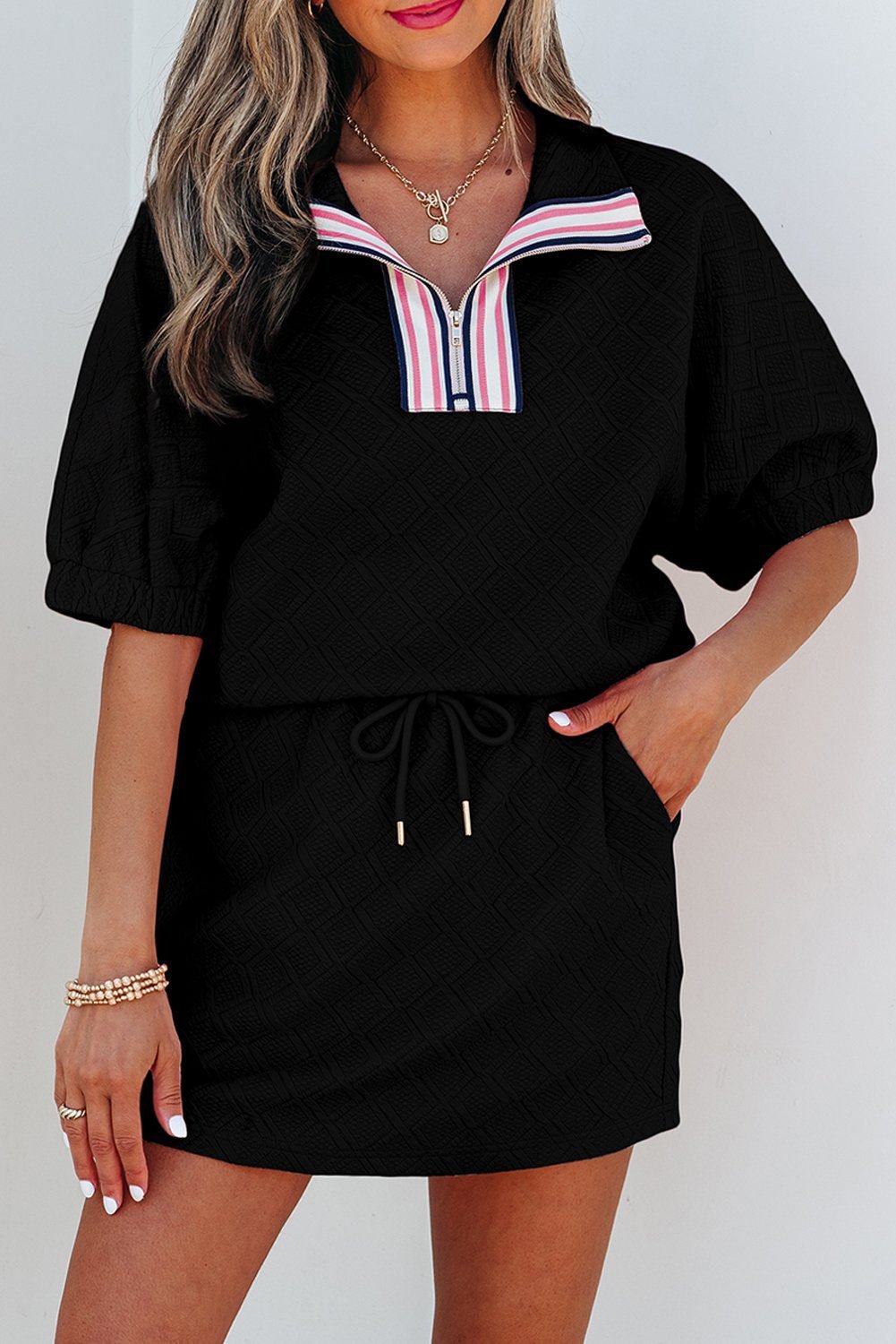 Color Black Striped Collared Zip Up Textured Skirt Set