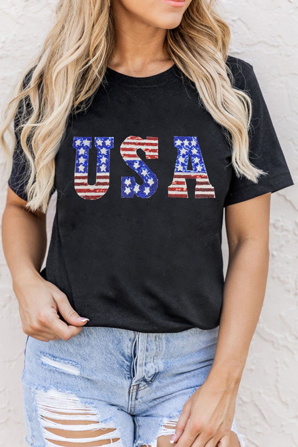Black Usa Stars And Stripes Crew Neck Graphic Tee