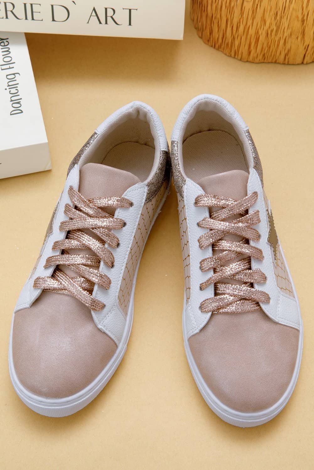 Gold Glitter Star Patchwork Pu Leather Lace-Up Sneakers