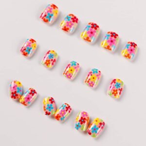 Pink 24Pcs Cute Flowers Print Press On False Nails