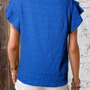 Dark Blue Textured Ruffled Sleeve Round Neck Top
