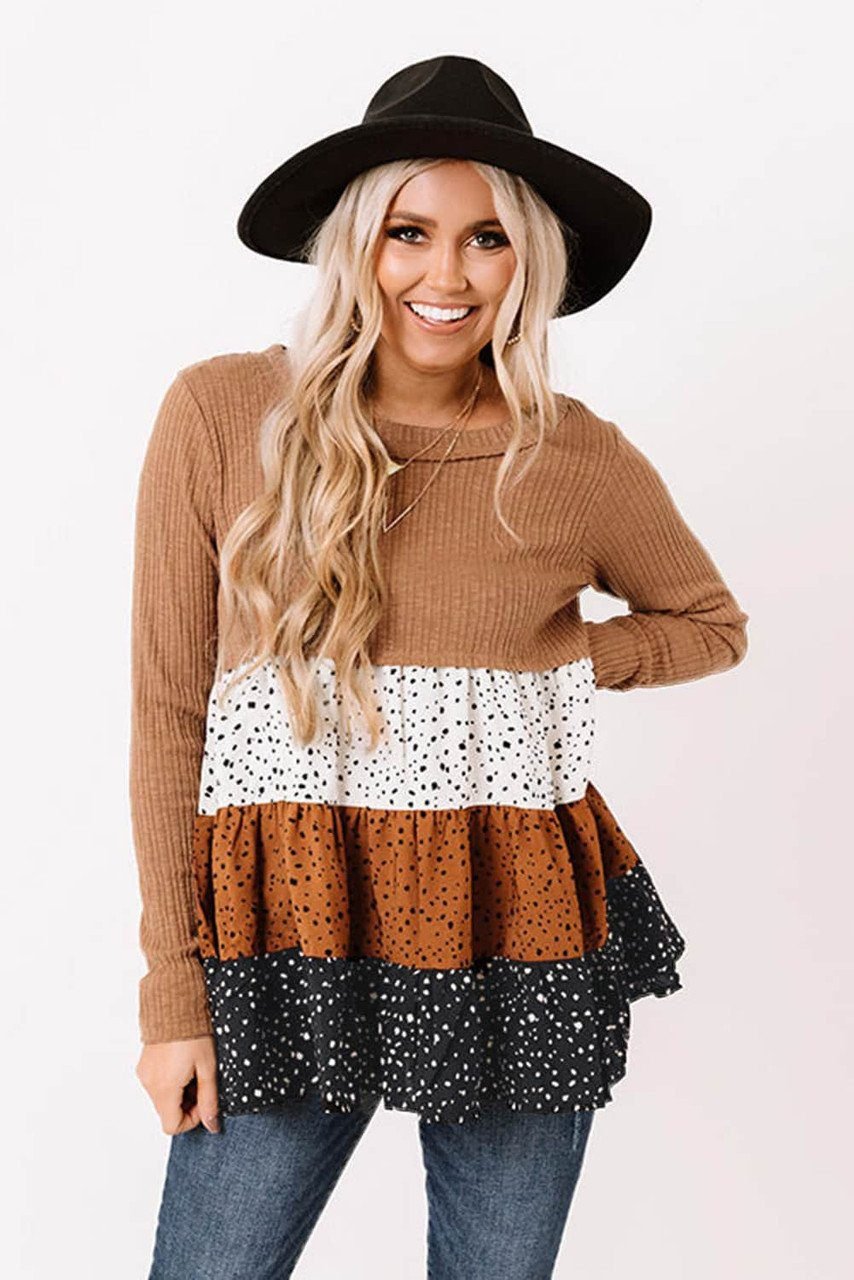 Brown Ribbed Long Sleeve Dotted Tiered Ruffled Flowy Top
