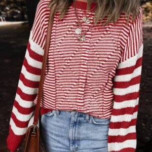 Red Stripe Geometric Textured Drop Shoulder Sweater