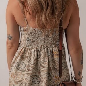 Khaki Paisley Printed Spaghetti Strap V Neck Smocked Babydoll Tank Top