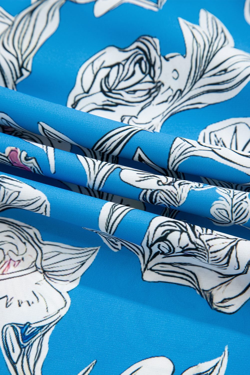 Sky Blue V Neck Floral Print 3/4 Puff Sleeve Blouse