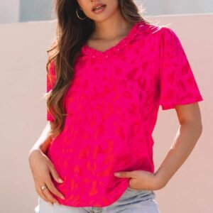 Rose Leopard Frilly V Neck Short Sleeve Blouse