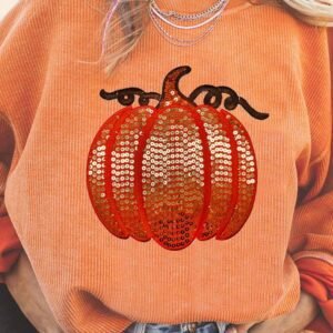 Orange Sequined Pumpkin Ribbed Round Neck Halloween Sweatshirt