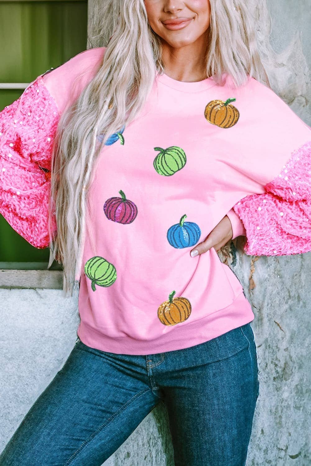 Pink Sequin Sleeve Pumpkin Pattern Thanksgiving Halloween Patchwork Pullover Top