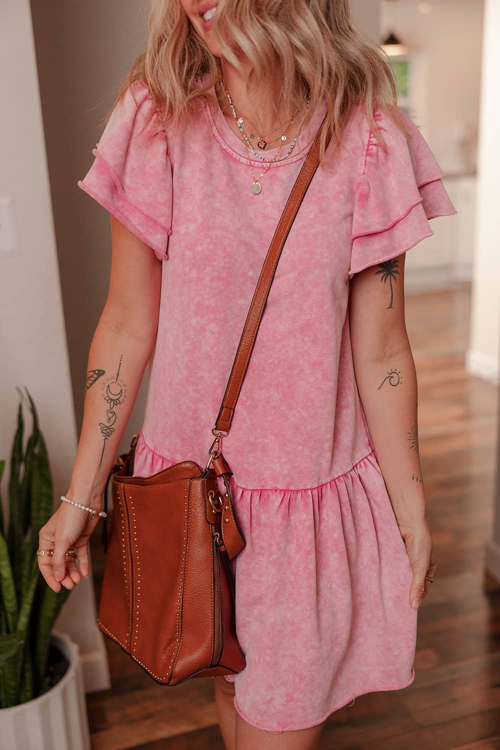 Sachet Pink Mineral Wash Raw Edge Ruffle Mini Dress