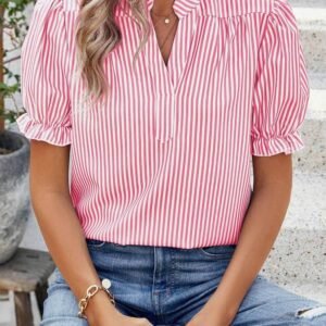 Pink Stripe Notched Neck Frilled Short Puff Sleeve Blouse