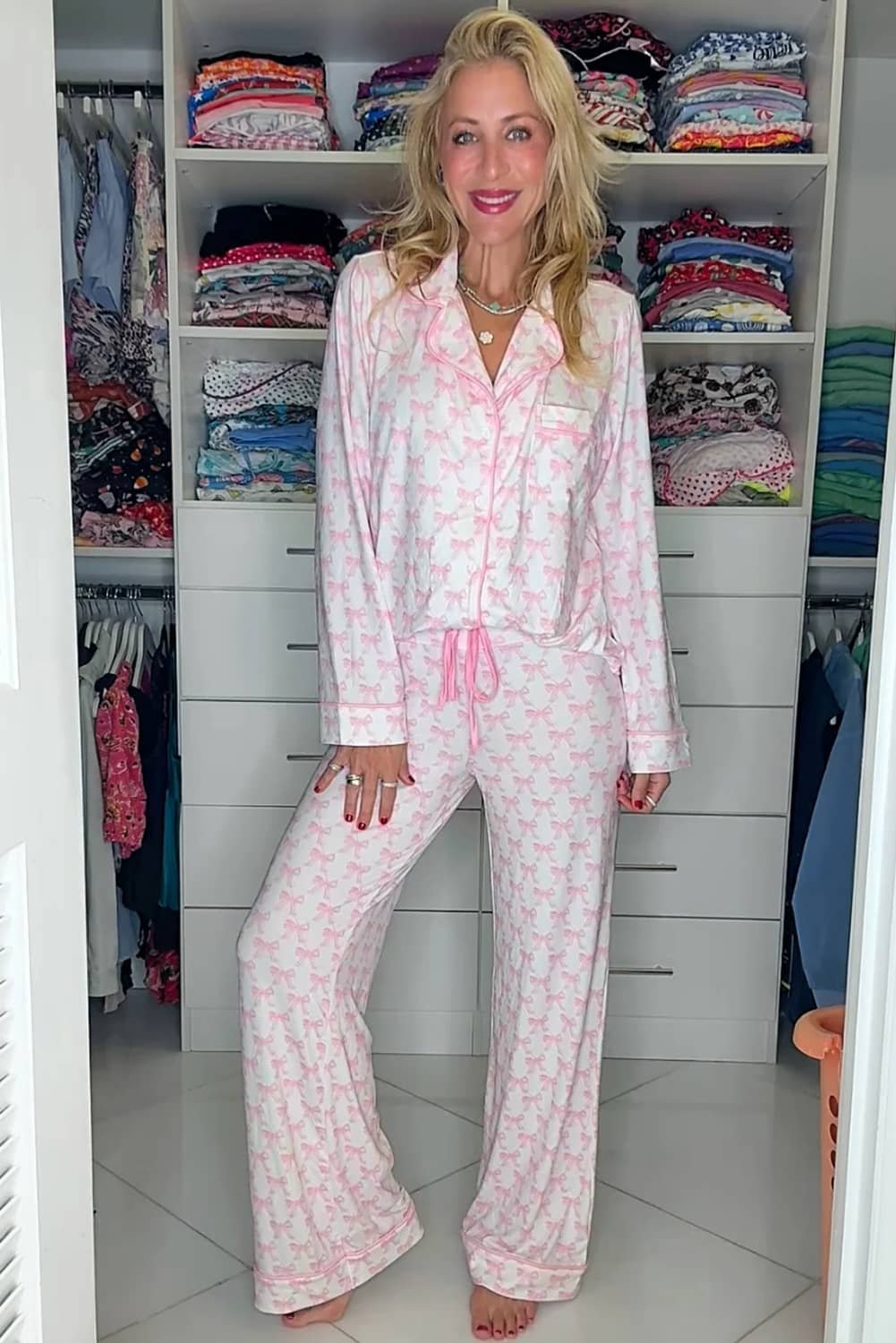 Pink Bow Print Long Sleeve Shirt And Pants Soft Pajama Set