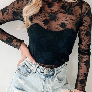 Black Sheer Floral Lace Mesh Mock Neck Long Sleeve Top
