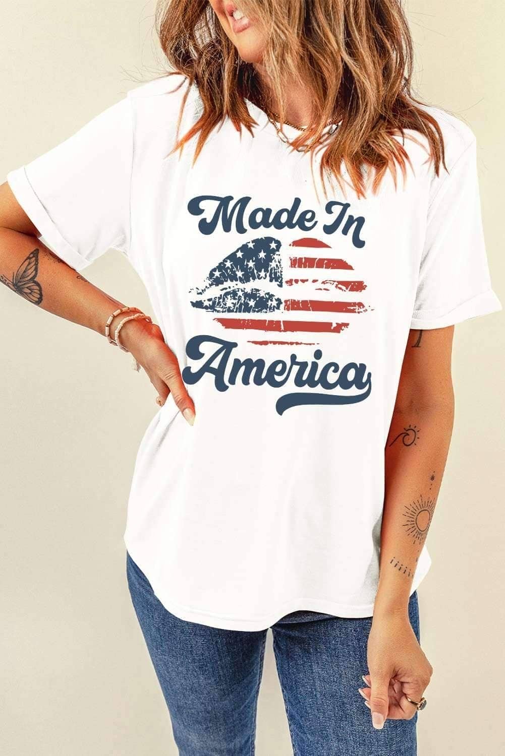 White Made In America Lip Printed O Neck T Shirt