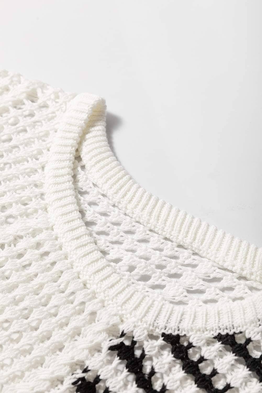 White Stripe Hollow-Out Openwork Knit Puff Sleeve Sweater