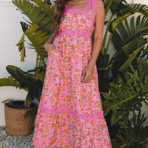 Rose Floral Lace Tied Strap Empire Waist Maxi Dress