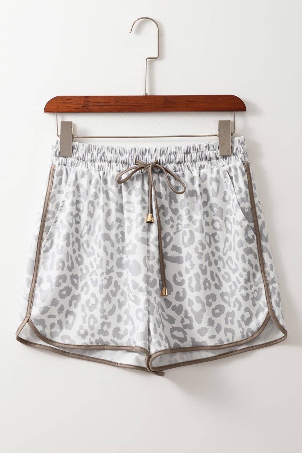 White Leopard Elastic Waist Lace Up Contrast Trim Casual Shorts