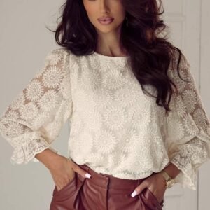 Oatmeal Flower Jacquard Button Back Ruffled 3/4 Sleeve Blouse