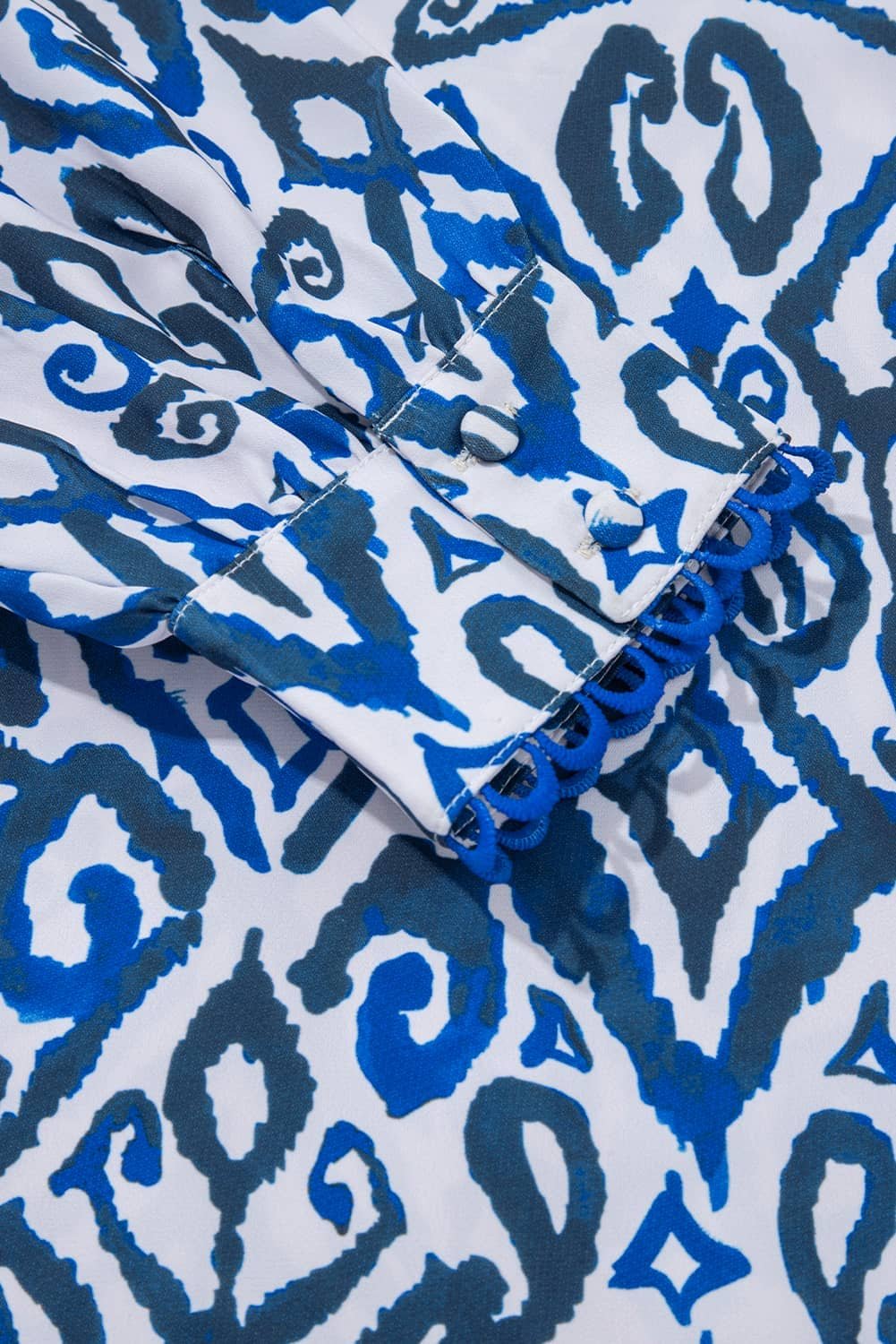 Blue Bohemian Print Embroidered V Neckline Detail Long Sleeve Shirt