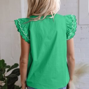 Bright Green Contrast Scallop Trim Layered Short Sleeve V Neck Blouse