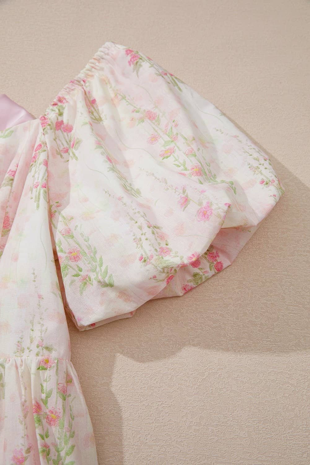 Pink Floral Puff Sleeve Square Neck Knotted Open Back Ruffled Mini Dress