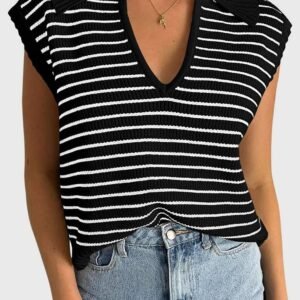 Black Stripe Turn-Down V Neck Sweater Tank Top