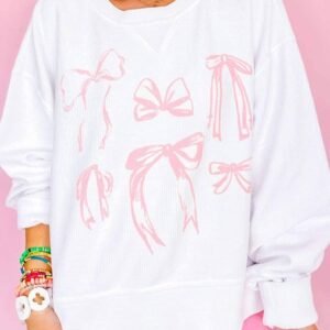White Bowknot Pattern Corded Long Sleeve Drop Shoulder Top