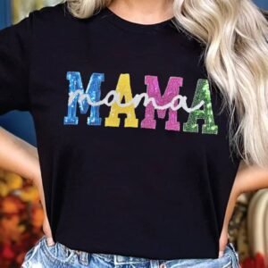 Black Sequin Mama Double Letter Graphic Tee