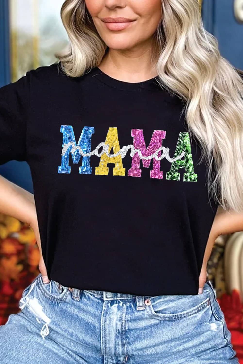 Black Sequin Mama Double Letter Graphic Tee